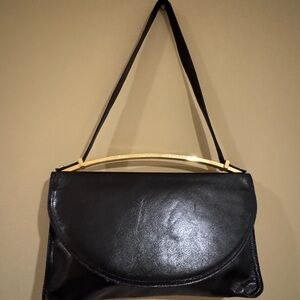 Vintage Japanese Black Leather Clutch Crossbody Bag with Gold Trim